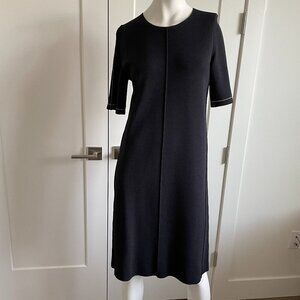 Jigsaw UK Scoop Nk SS Ponte Knit Midi Dress Stitching Detail Navy Gray Trim S